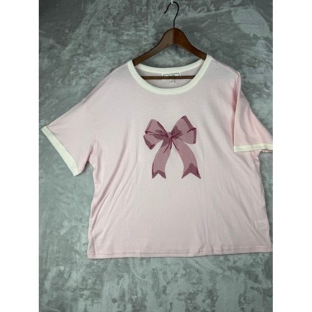 Hippie Rose Pink Bow Ringer T‎ Shirt Womens Plus Size 1X Casual Comfort Top